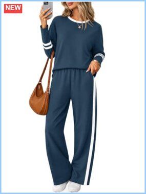 Wide Leg Color Block 2 Piece Lounge Pant Set Crewneck Long Sleeve